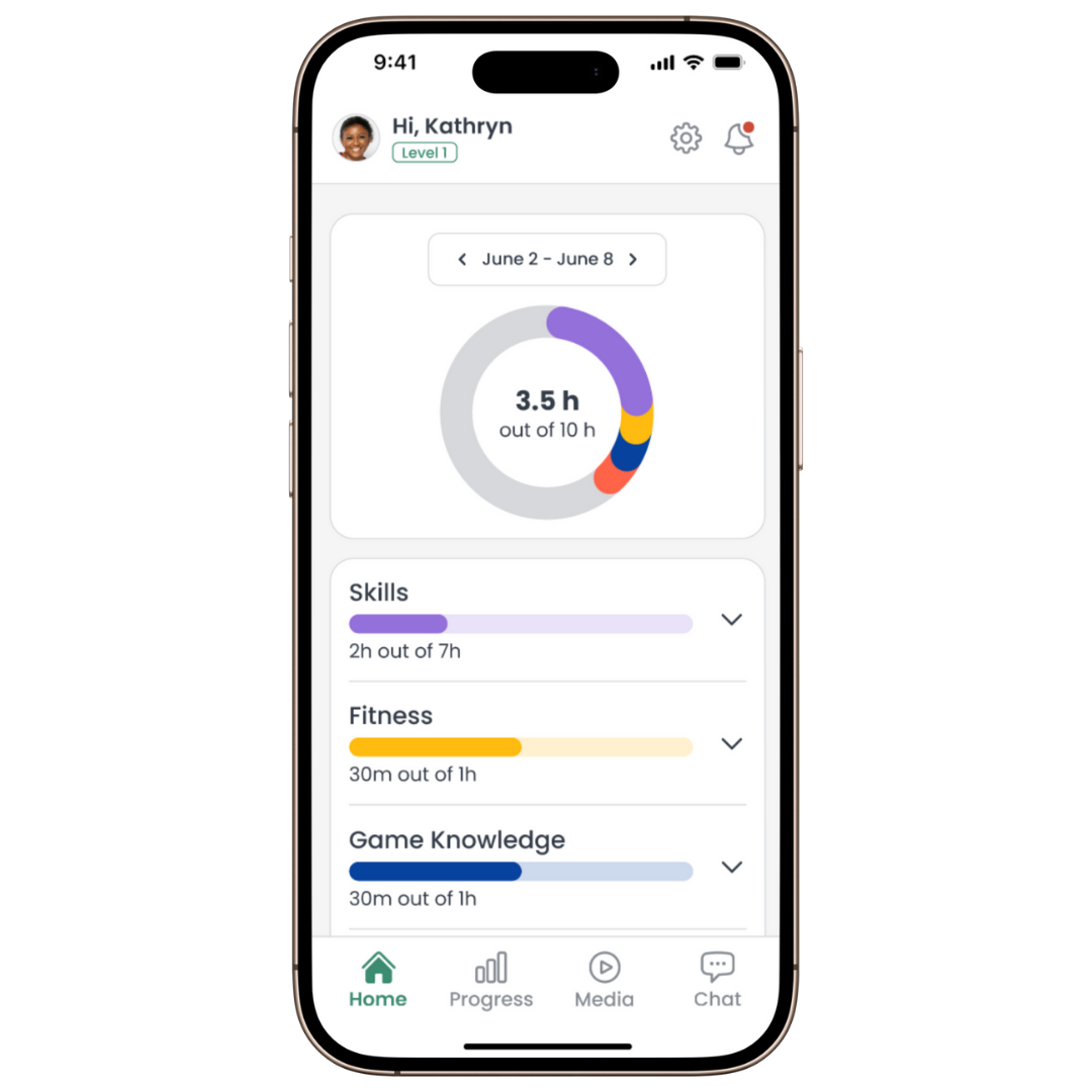 Smartphone displaying a fitness tracking app with progress metrics for skills, fitness, and game knowledge, several navigation icons at the bottom menu.