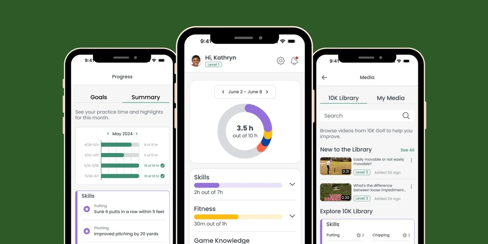 Three smartphone screens displaying a golf practice app interface with progress tracking, media library, and skill progress.