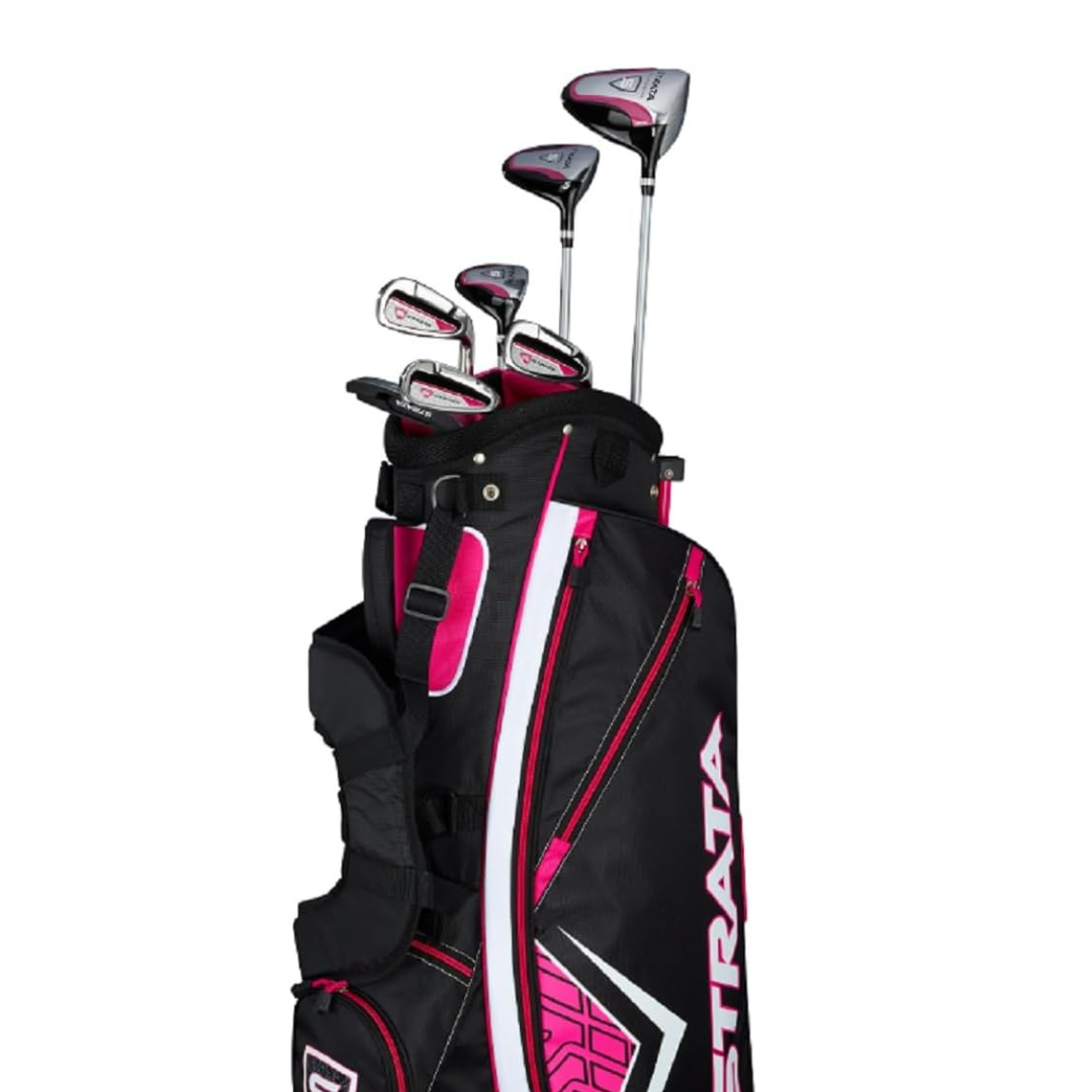 A black and pink golf bag with golf clubs inside, against a white background.