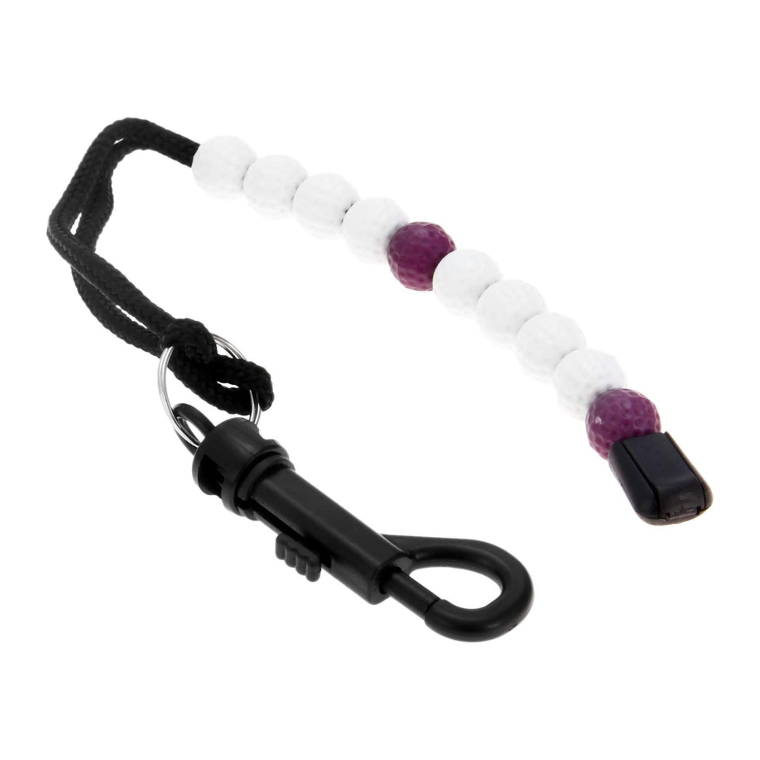 A beaded car keychain with alternating white and purple beads on a black strap.