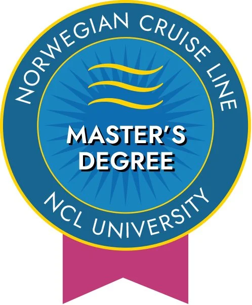 A circular badge with text indicating it is from the Norwegian Cruise Line Master’s Degree program at NCL University. The badge is blue with a yellow border and pink ribbon at the bottom.