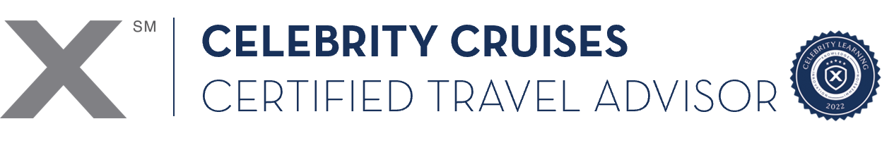 Logo for Celebrity Cruises Certified Travel Advisor with a large X, the words 'Celebrity Cruises' in dark blue, and a certification badge on the right.