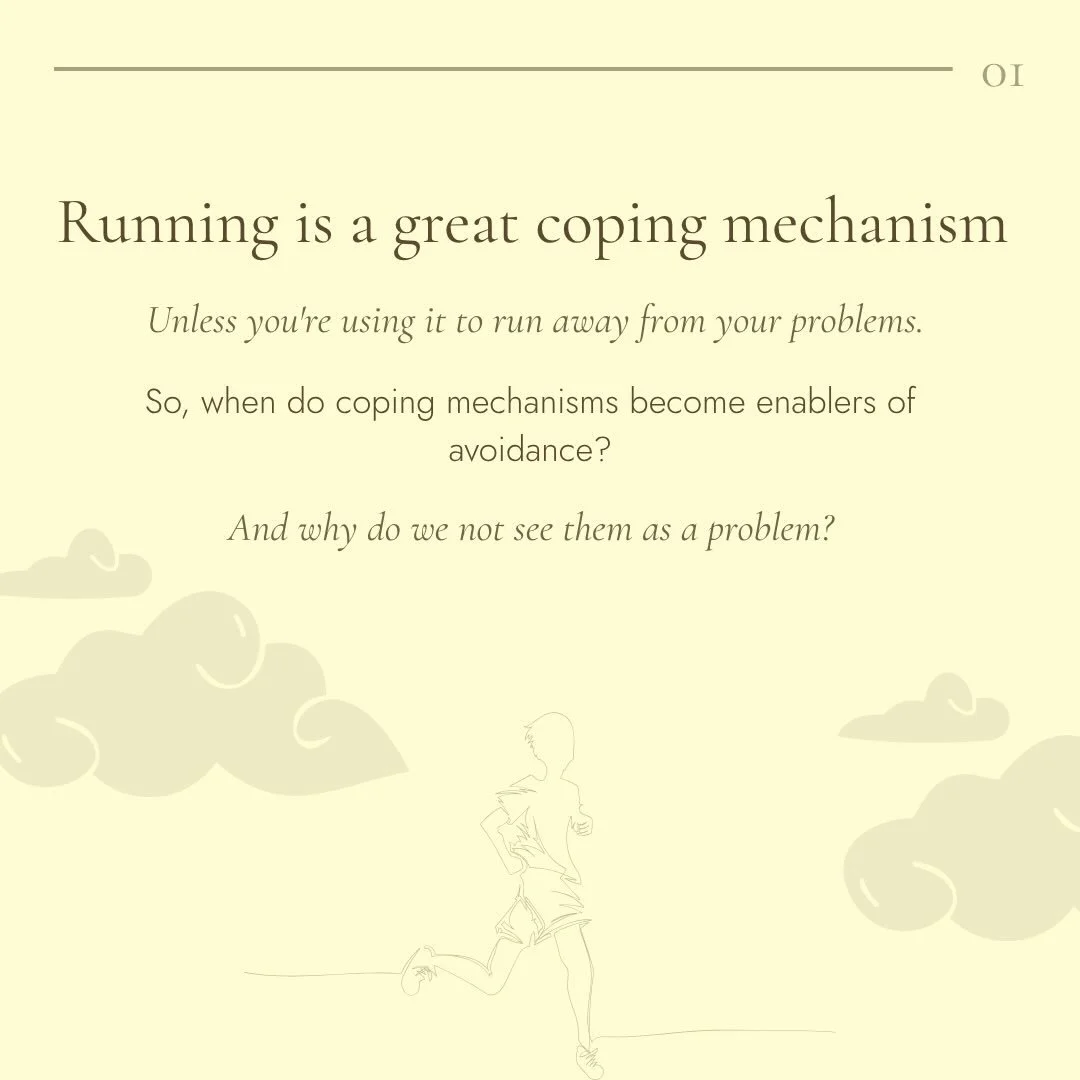 Running. Coffee. Work. Exercise. Shopping. Doomscrolling. 

All things that can help until they&rsquo;re not helping anymore. 

Which one do you reach for? 

#copingstrategies #emotionalavoidance #copingmechanisms #mentalhealthawareness #therapist