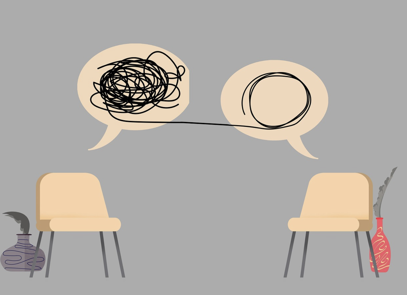 Two chairs with beige seats and backs facing each other on a gray background. Each chair has a vase next to it with a smoking incense stick. Above the chairs are speech bubbles; the left bubble has a tangled scribble, and the right has a simple circle, connected by a line.