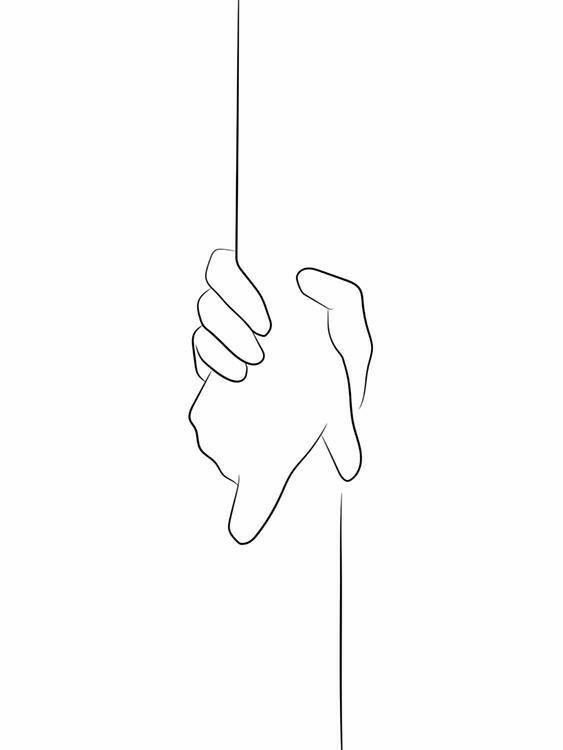 Line drawing of two hands intertwined, with one hand gripping a thin vertical line that divides the image in half.