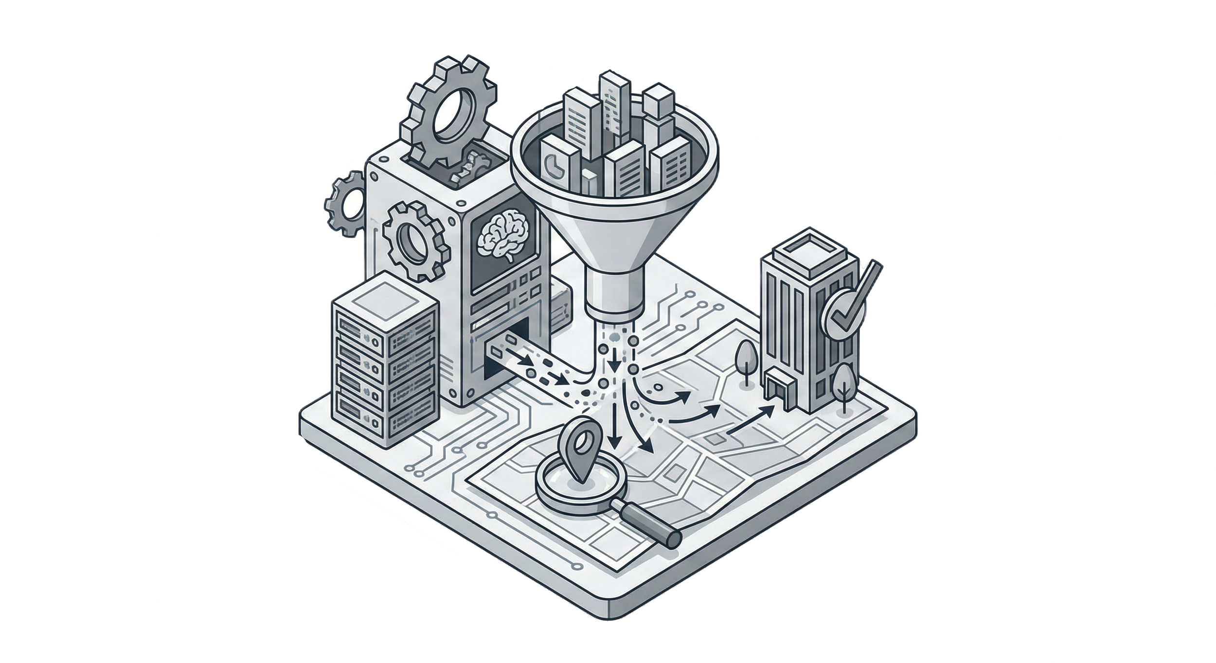 Isometric digital illustration of data analysis and city planning, featuring a map, cloud with city buildings, gears, a magnifying glass, and a server, with interconnected pathways.