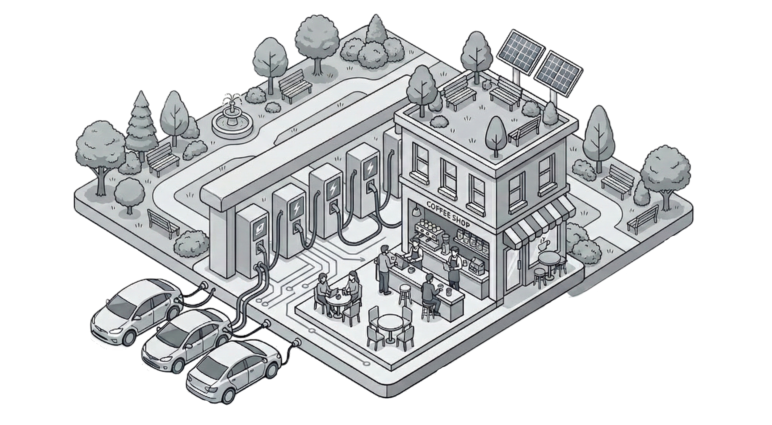 Isometric illustration of a coffee shop with solar panels and electric vehicle charging station, trees, benches, and outdoor seating.