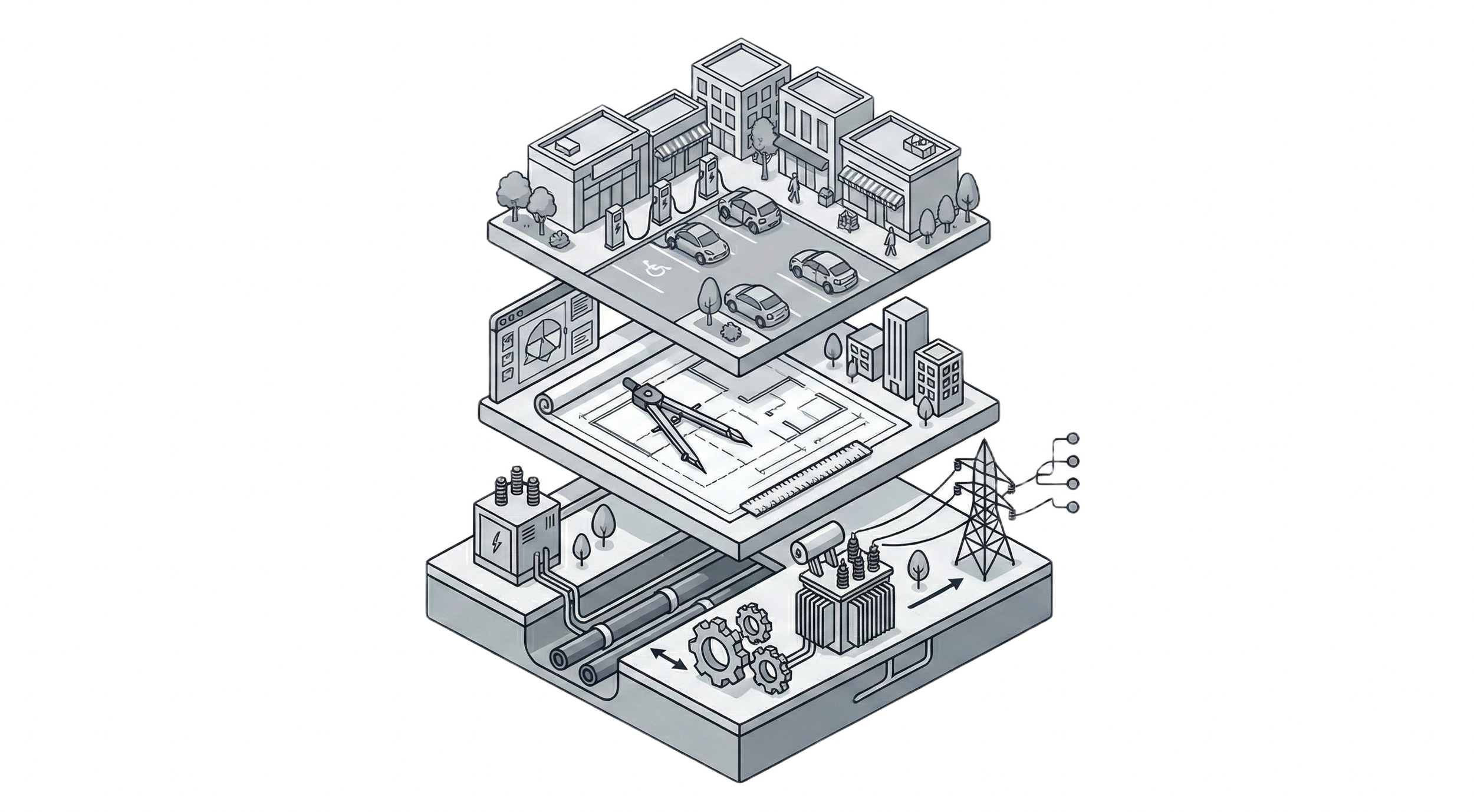 An isometric illustration depicting a smart city with interconnected infrastructure layers, including buildings with electric vehicle charging stations, public spaces, architectural plans, power lines, and industrial facilities.