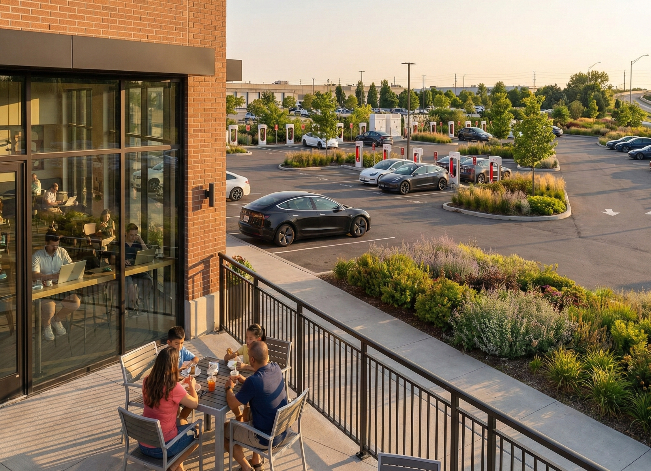 People sitting at an outdoor table having drinks and snacks outside a coffee shop with large windows. In the parking lot behind, there are several cars charging at electric vehicle charging stations, surrounded by landscaped greenery and trees. The scene is set in the late afternoon or early evening.
