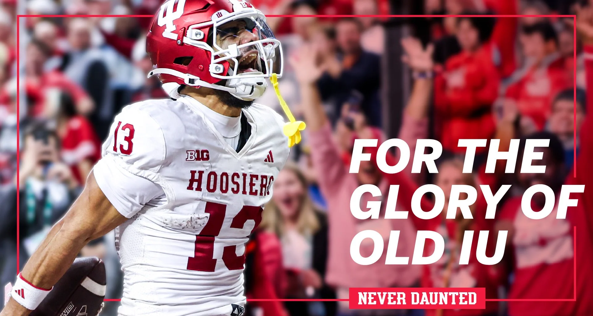 A football player celebrates during a game with the words "For the Glory of Old IU" overlaid