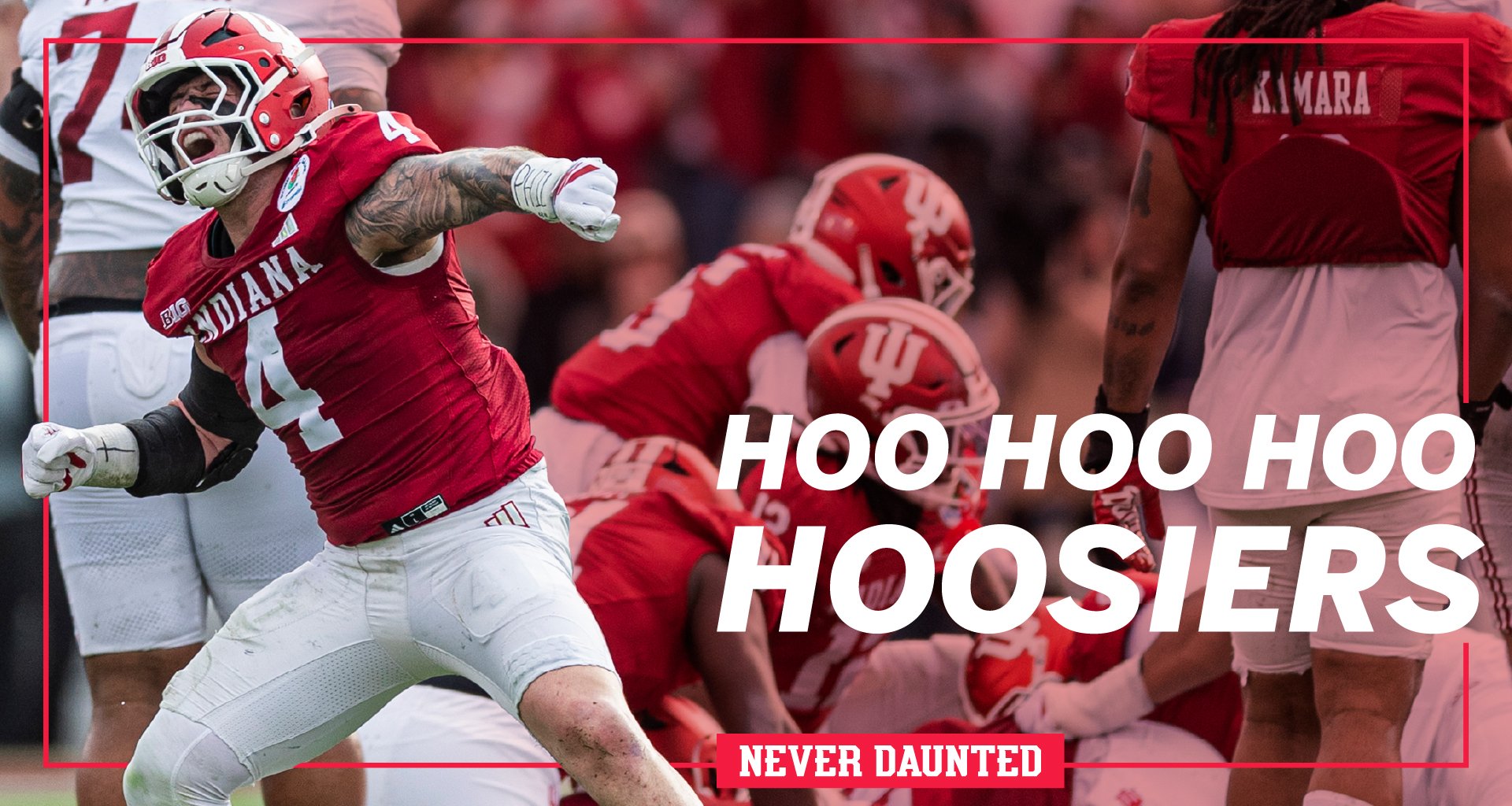 A football player celebrating during a game with the words "Hoo Hoo Hoo Hoosiers" overlaid