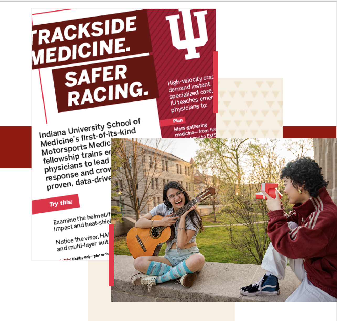 Collage of part of a printed ad layered over a tone on tone cream triangle pattern with an image of a young woman taking a polaroid of another young woman posing with an acoustic guitar