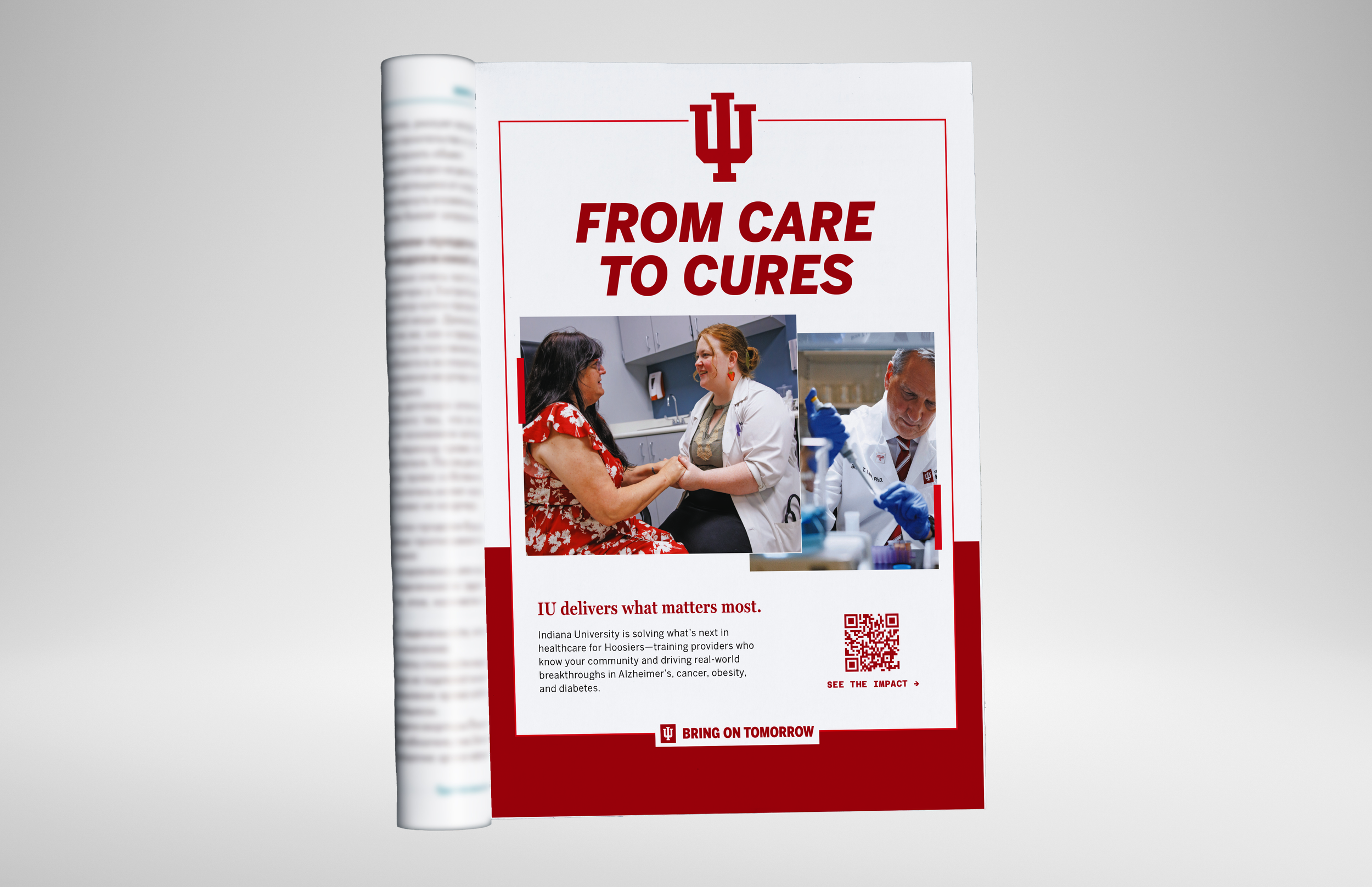 A magazine ad with the headline "From Care to Cures" with an image collage of a doctor and patient and a scientist in a lab