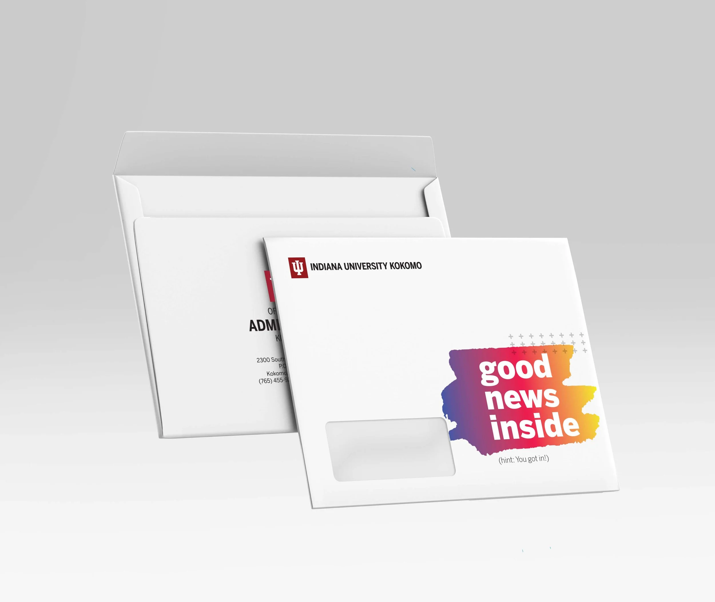 front and back of an envelope reading "good news inside"
