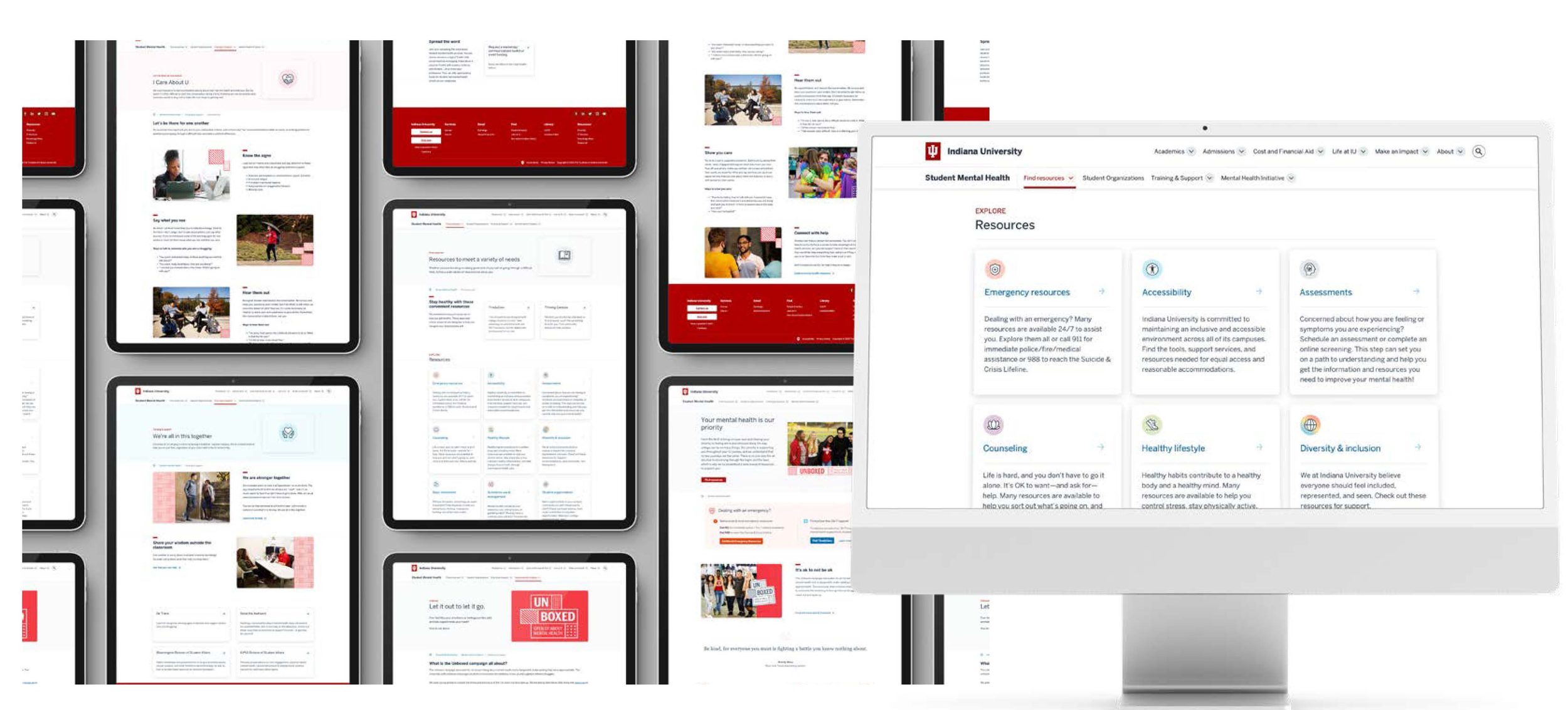 collage of webpage screens on tablets and a desktop computer screen