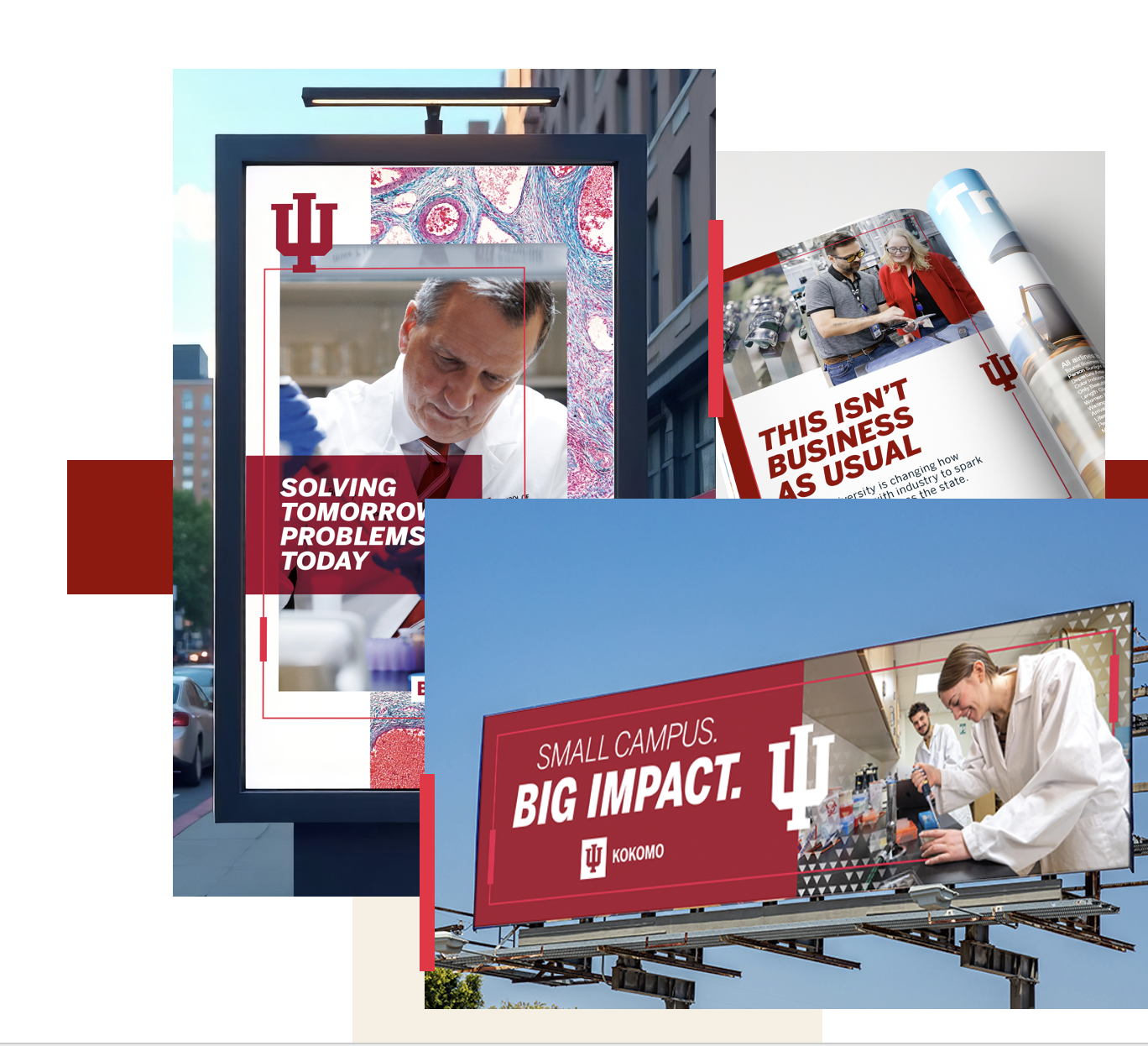 collage featuring an image of a digital kiosk in a city scape, a rolled up magazine, and a roadside billboard.