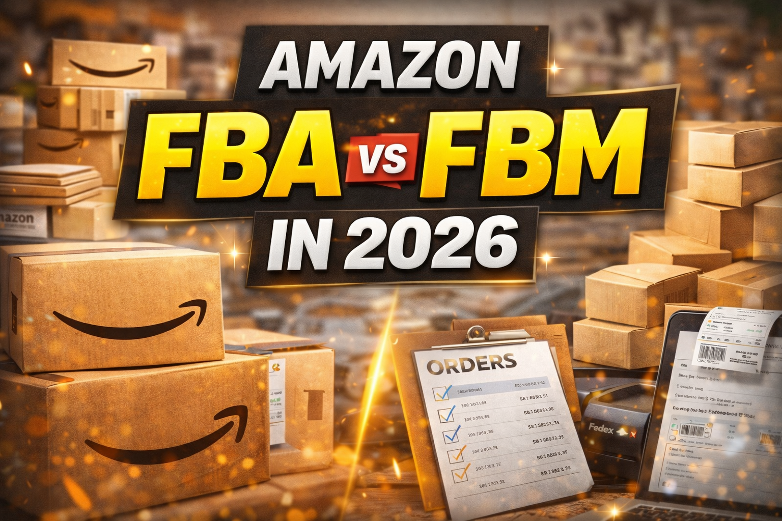 Text overlay on an e-commerce background reads 'Amazon FBA vs FBM in 2026'. The background shows Amazon packages, an order checklist, and a smartphone with shipping labels, emphasizing Amazon selling options.