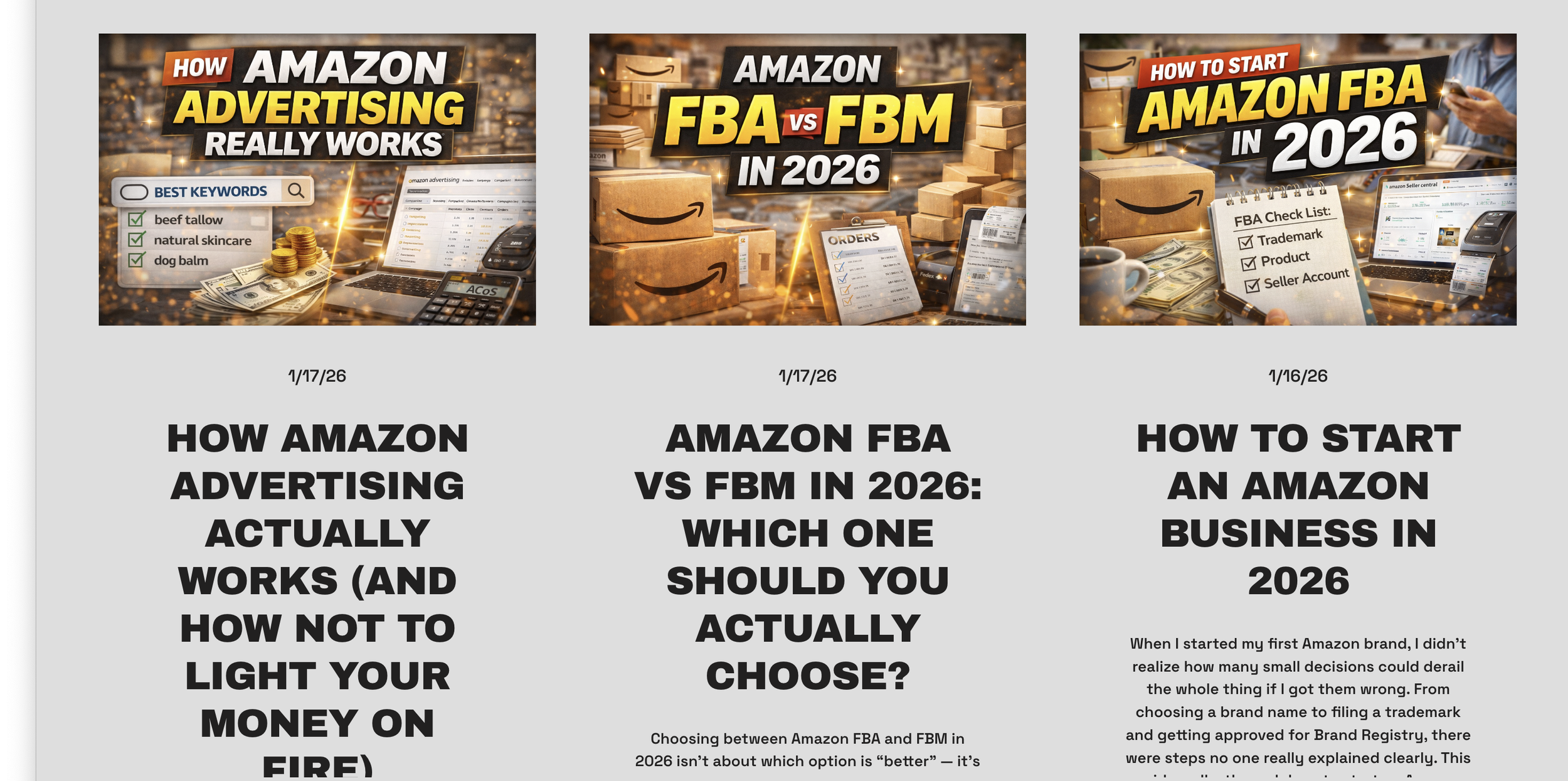 Three digital images of Amazon-related content with bold titles, including topics on Amazon advertising, FBA vs FBM in 2026, and starting an Amazon business in 2026, featuring items such as boxes, money, a laptop, and a notepad with checklists.