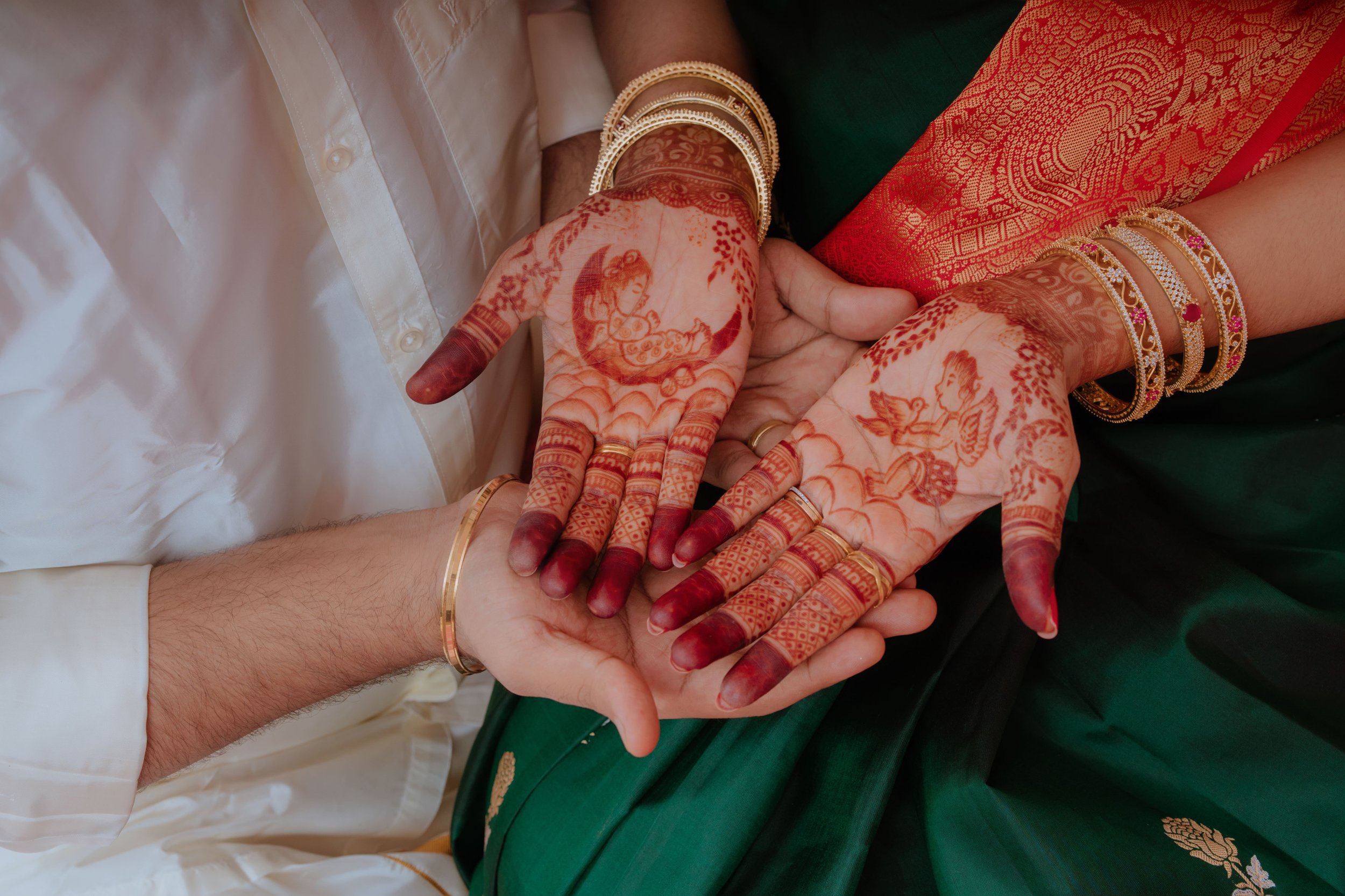 Close-up of a couple holding hands with intricate henna tattoos and traditional Indian jewelry, dressed in traditional Indian attire.