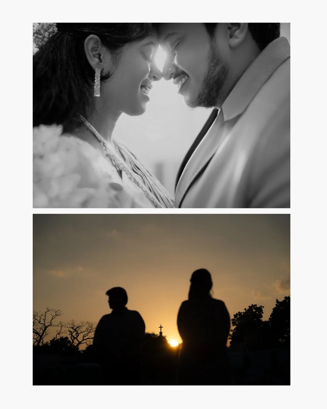 A black and white close-up photo of a joyful couple touching foreheads, smiling, with sunlight shining between them. Below, a silhouette of a man and woman standing outdoors at sunset, with trees and a cross in the background.
