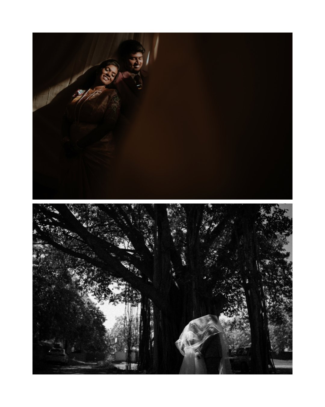 Top image shows a couple smiling, lying on a bed, with warm lighting and dark curtains. Bottom image depicts a person standing under a large tree with roots and branches, draped in a sheer fabric, in black and white.