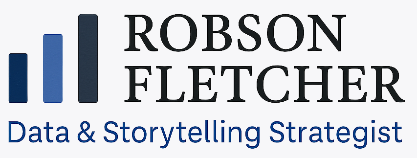 Logo for Robson Fletcher, Data & Storytelling Strategist, featuring three ascending bar graph bars in shades of blue.
