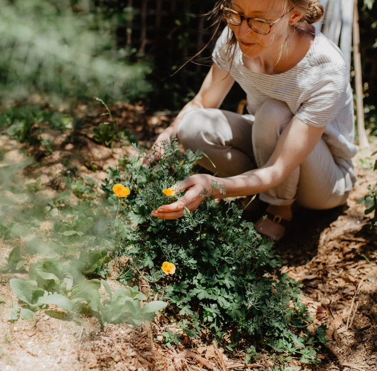 A woman with glasses and blonde hair tied back is crouching in a garden, tending to green plants with yellow flowers.