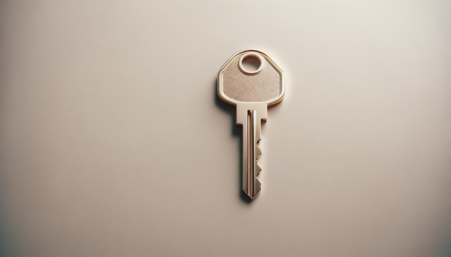 A single silver key with a round head and jagged edges, placed on a light beige surface.