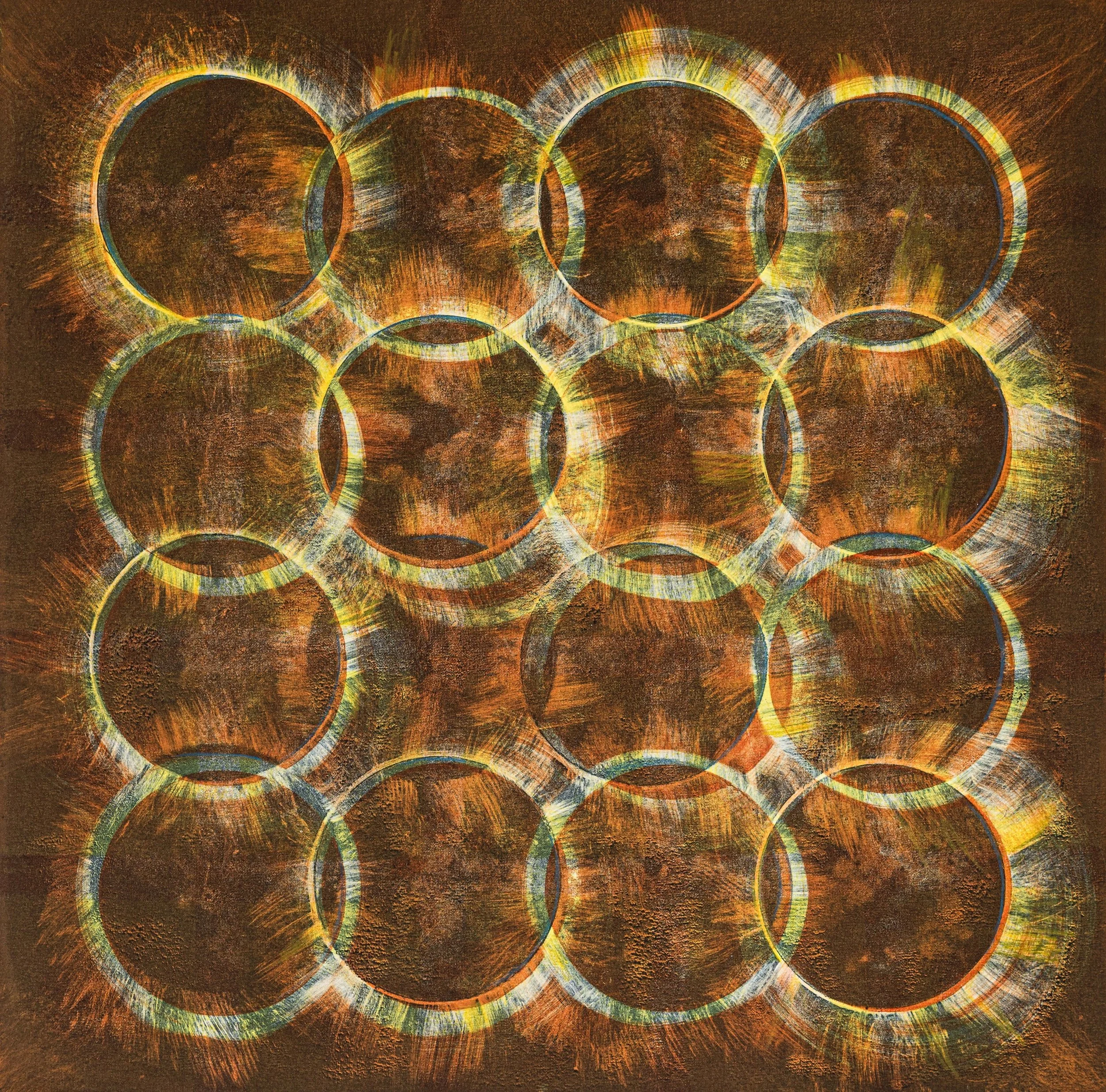 Abstract artwork featuring 14 overlapping circles with radiant, multicolored edges on a dark background.
