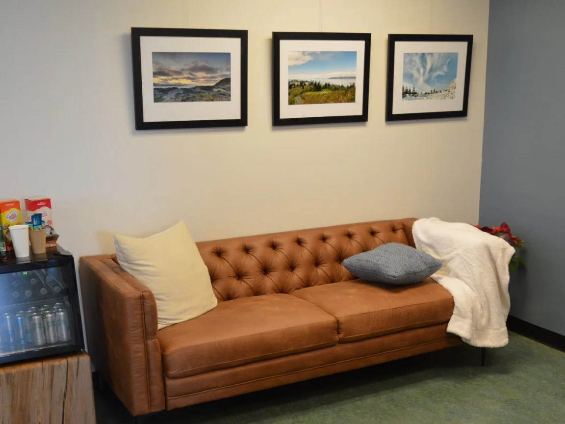 A brown leather tufted couch with three pillows, a beige, gray, and white blanket, in front of a wall with three framed landscape photographs. To the left, a small mini refrigerator with cups and snack boxes on top.