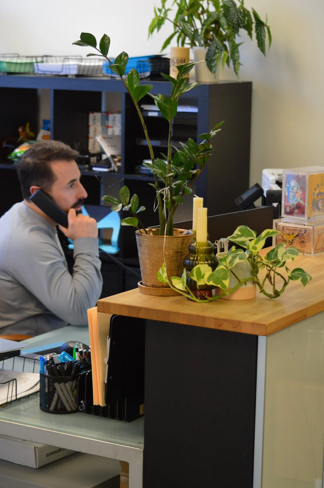 Man sitting at a desk talking on a phone, with potted plants on a nearby counter, and office supplies in the background.