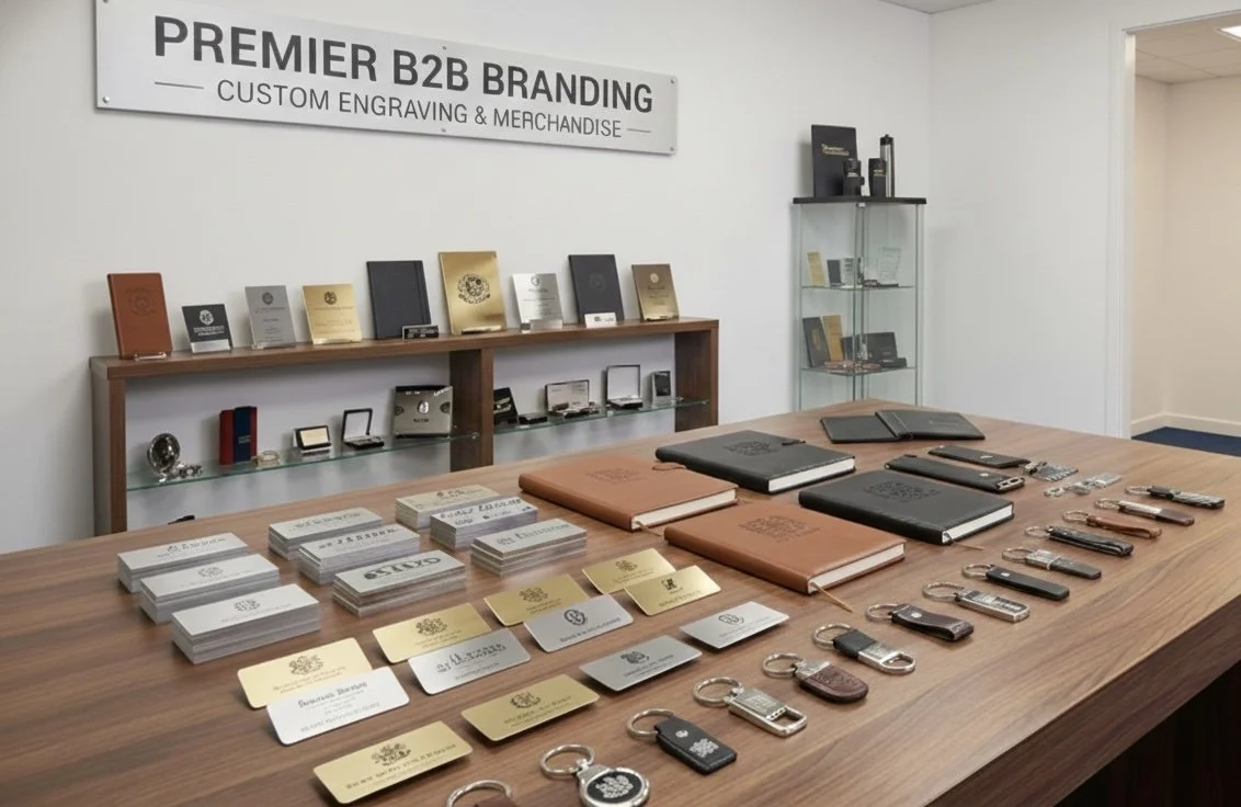 Display table with multiple keychains, business cards, notebooks, and plaques in a branding office. A sign on the wall reads "Premier B2B Branding - Custom Engraving & Merchandise."