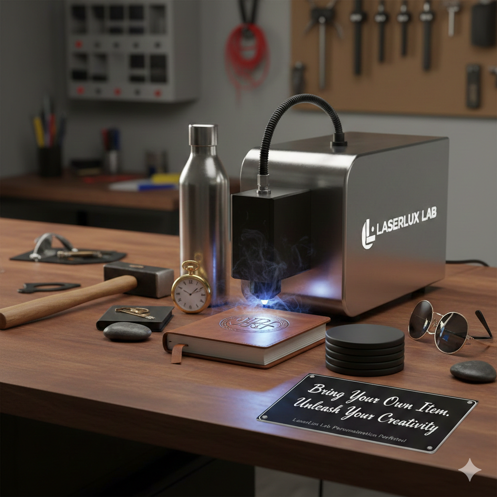 A laser engraver machine in a workshop, engraved with the words 'Bring Your Own Item. Unleash Your Creativity.' on a metal plate. The workspace includes tools, a water bottle, a small clock, sunglasses, and a notebook.