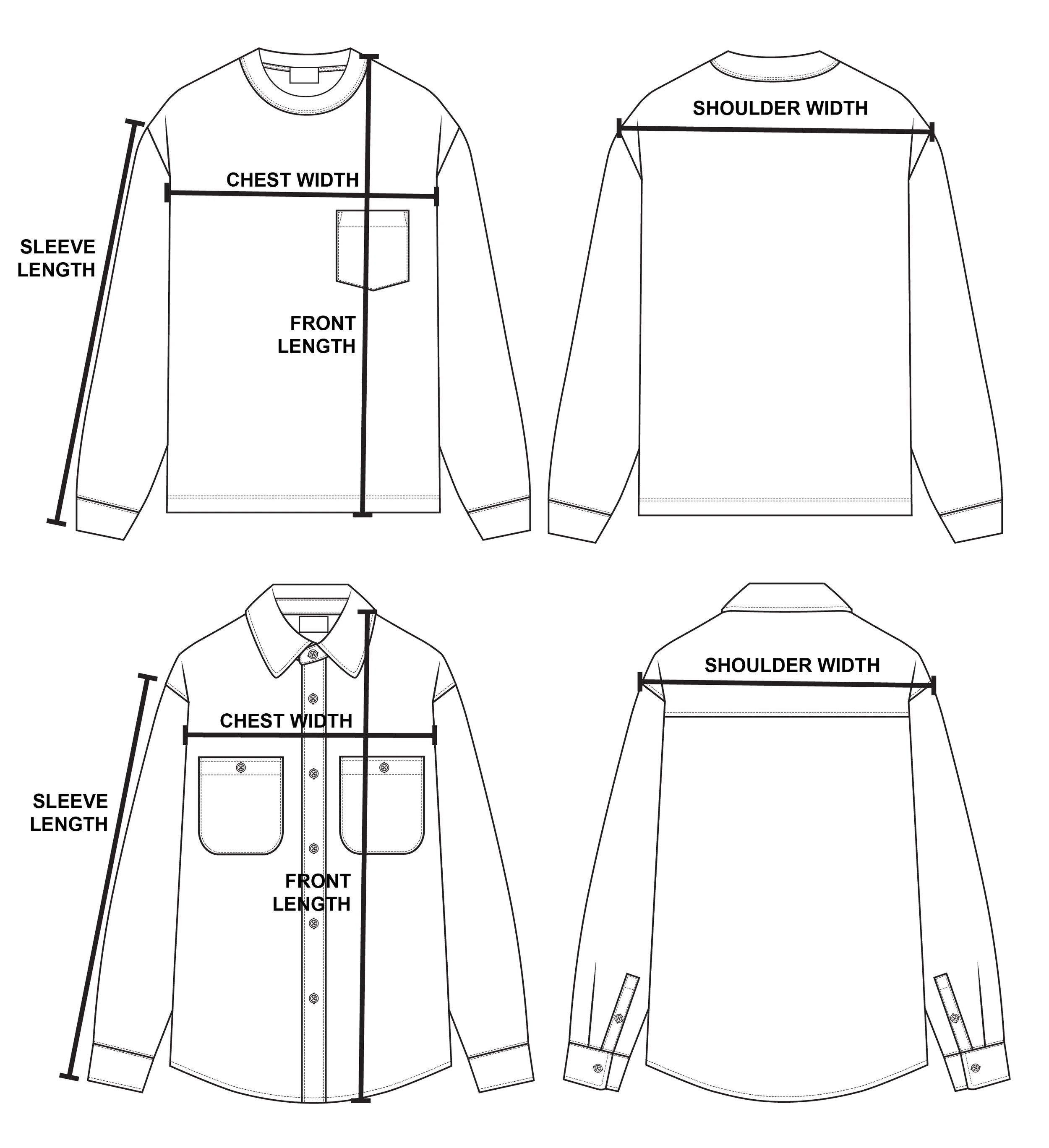 Technical illustration of a shirt with labeled measurements for chest width, front length, shoulder width, and sleeve length.