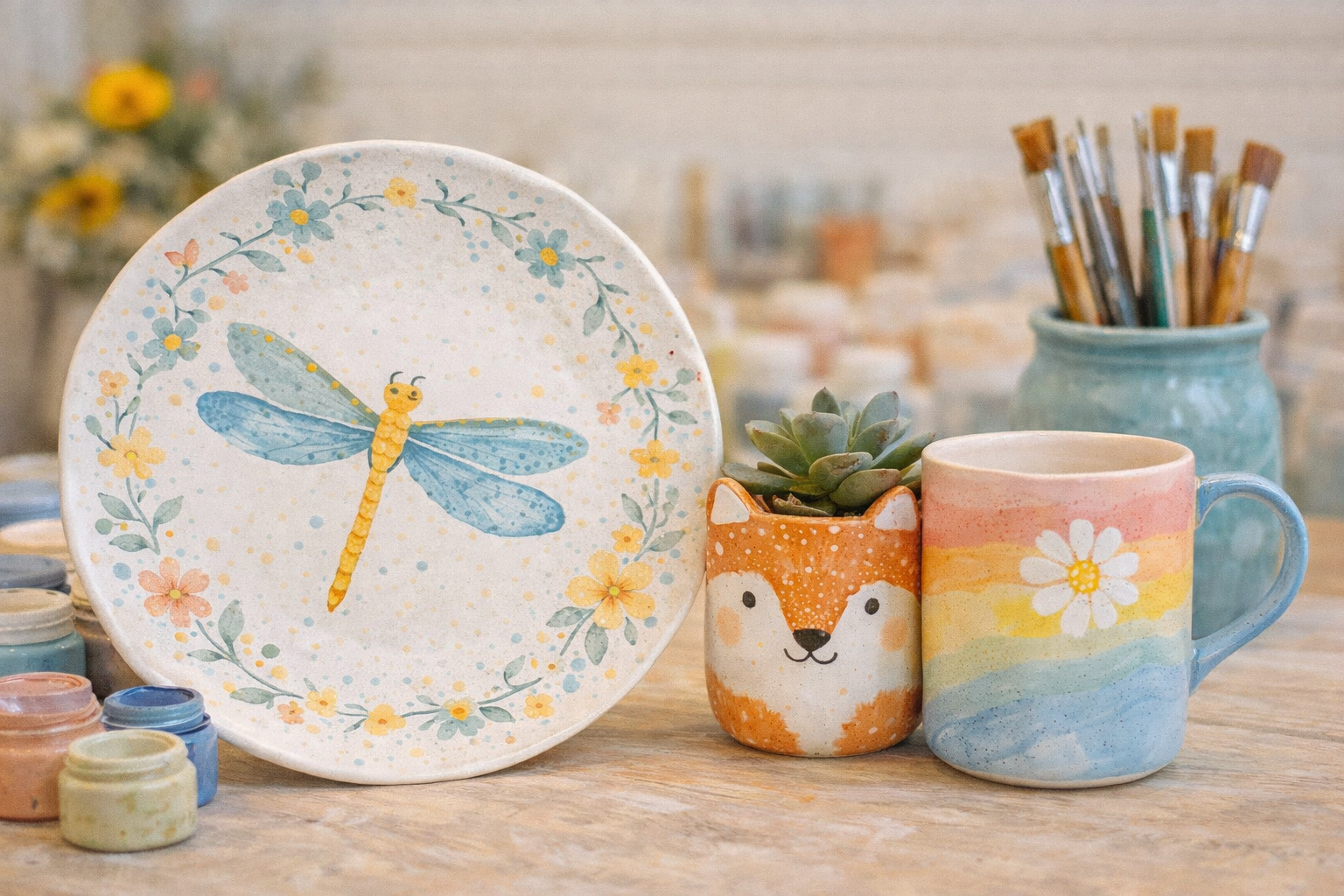 Paint your own pottery setup with plates, mugs and art supplies at The Glaze Shed ceramic studio in Mitchell Shire