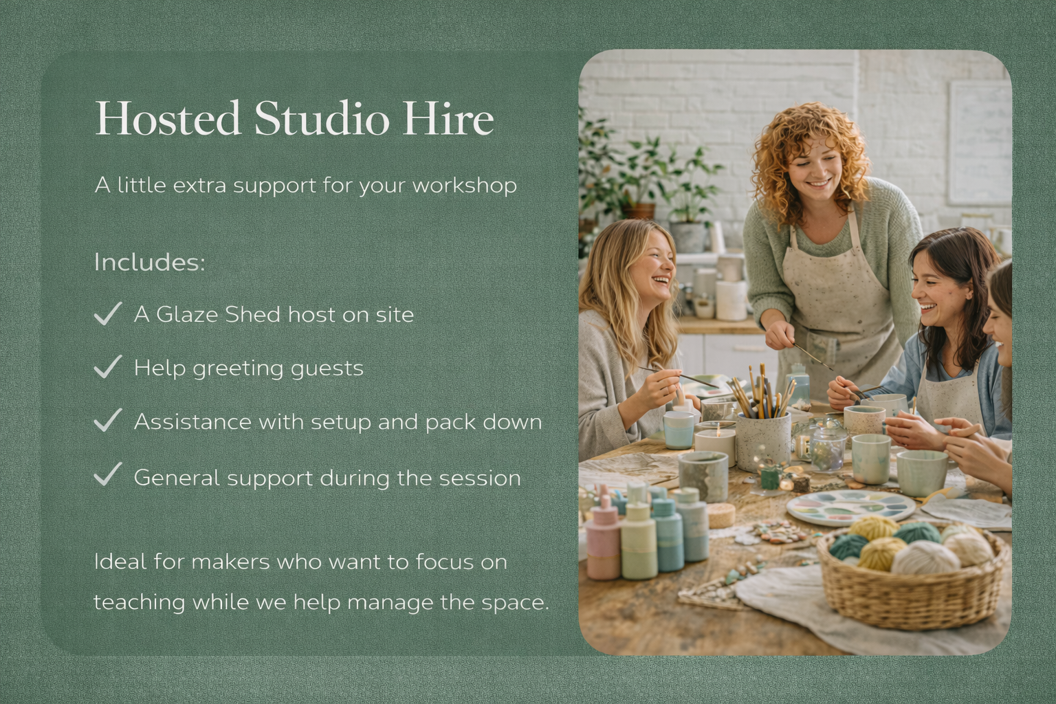 Hosted studio hire flyer for pottery painting and creative workshops at The Glaze Shed Mitchell Shire