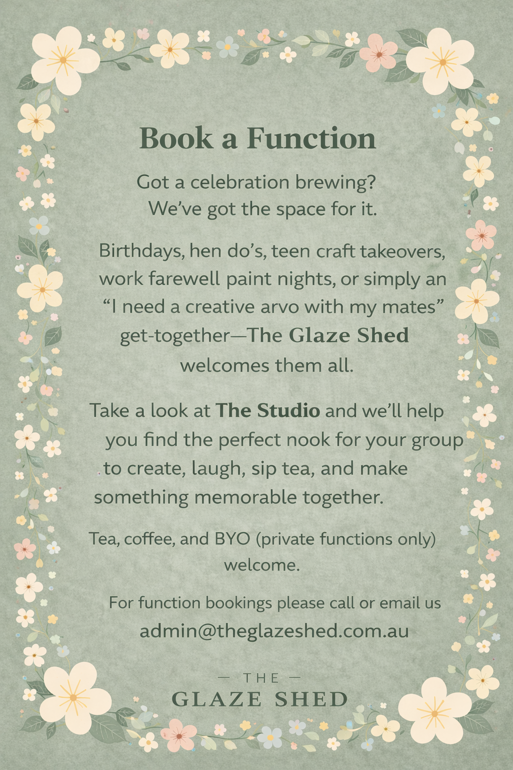 The Glaze Shed pottery studio flyer for functions and creative workshops in Mitchell Shire Victoria