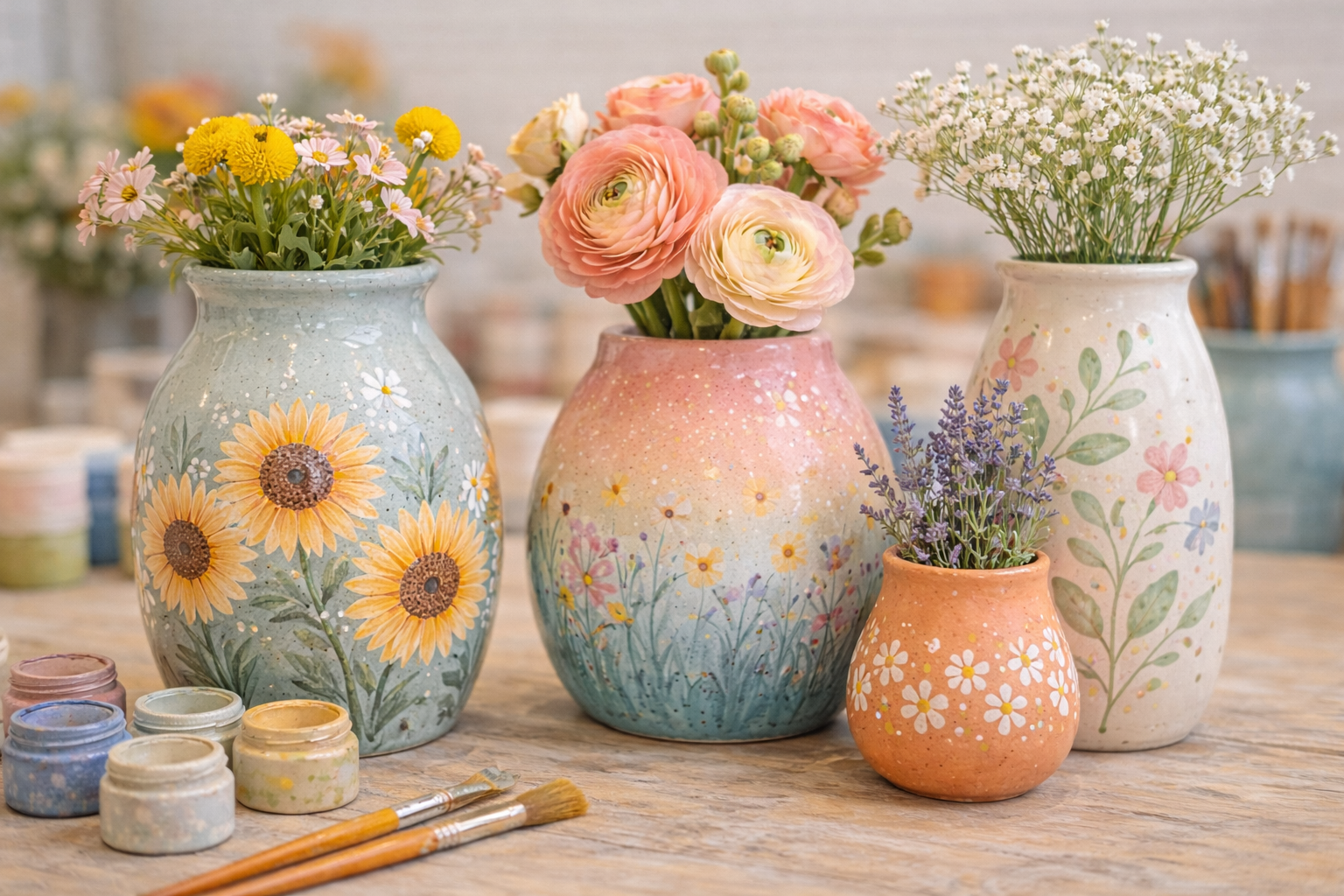 Hand-painted ceramic vases with floral designs at The Glaze Shed paint your own pottery studio in Mitchell Shire