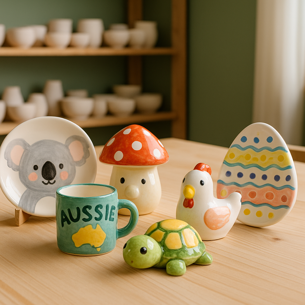 Hand-painted Australian themed ceramics including koala, turtle and mug at The Glaze Shed pottery studio in Mitchell Shire Victoria