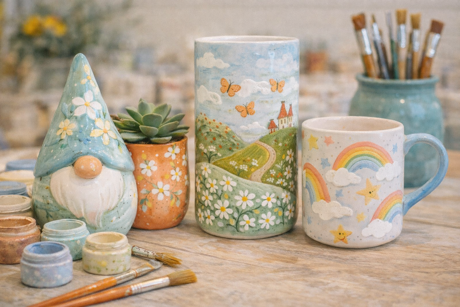 Ceramic painting setup with decorated pottery and brushes at The Glaze Shed studio in Mitchell Shire Victoria