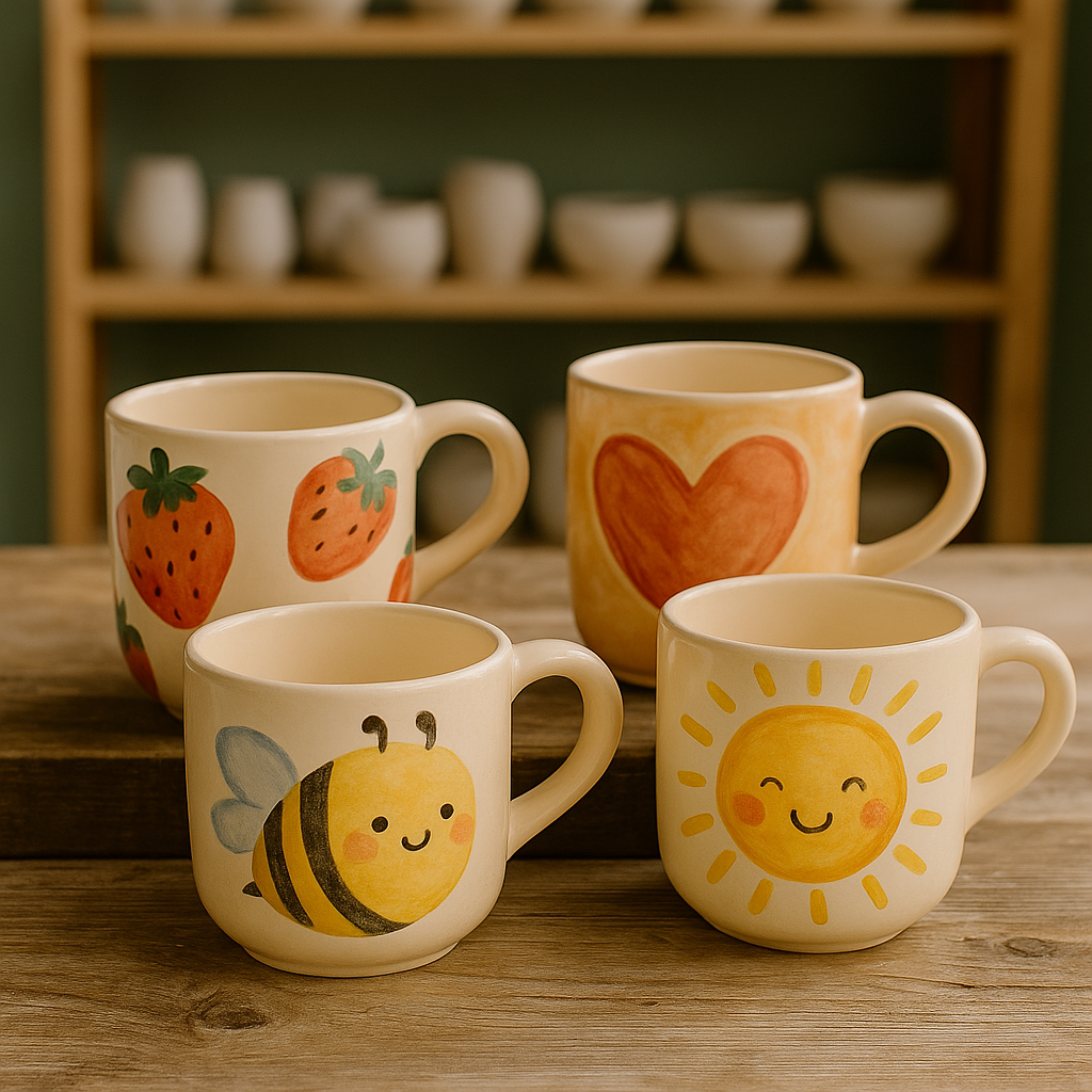 Hand-painted ceramic mugs with colourful designs at The Glaze Shed paint your own pottery studio in Mitchell Shire