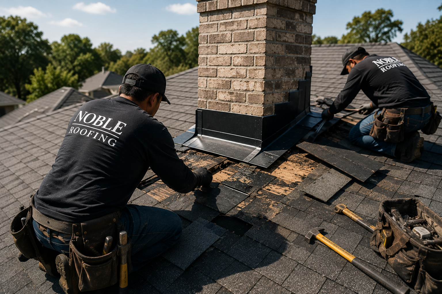 Two workers from Noble Roofing installing or repairing shingles on a house roof around a chimney in a suburban neighborhood.