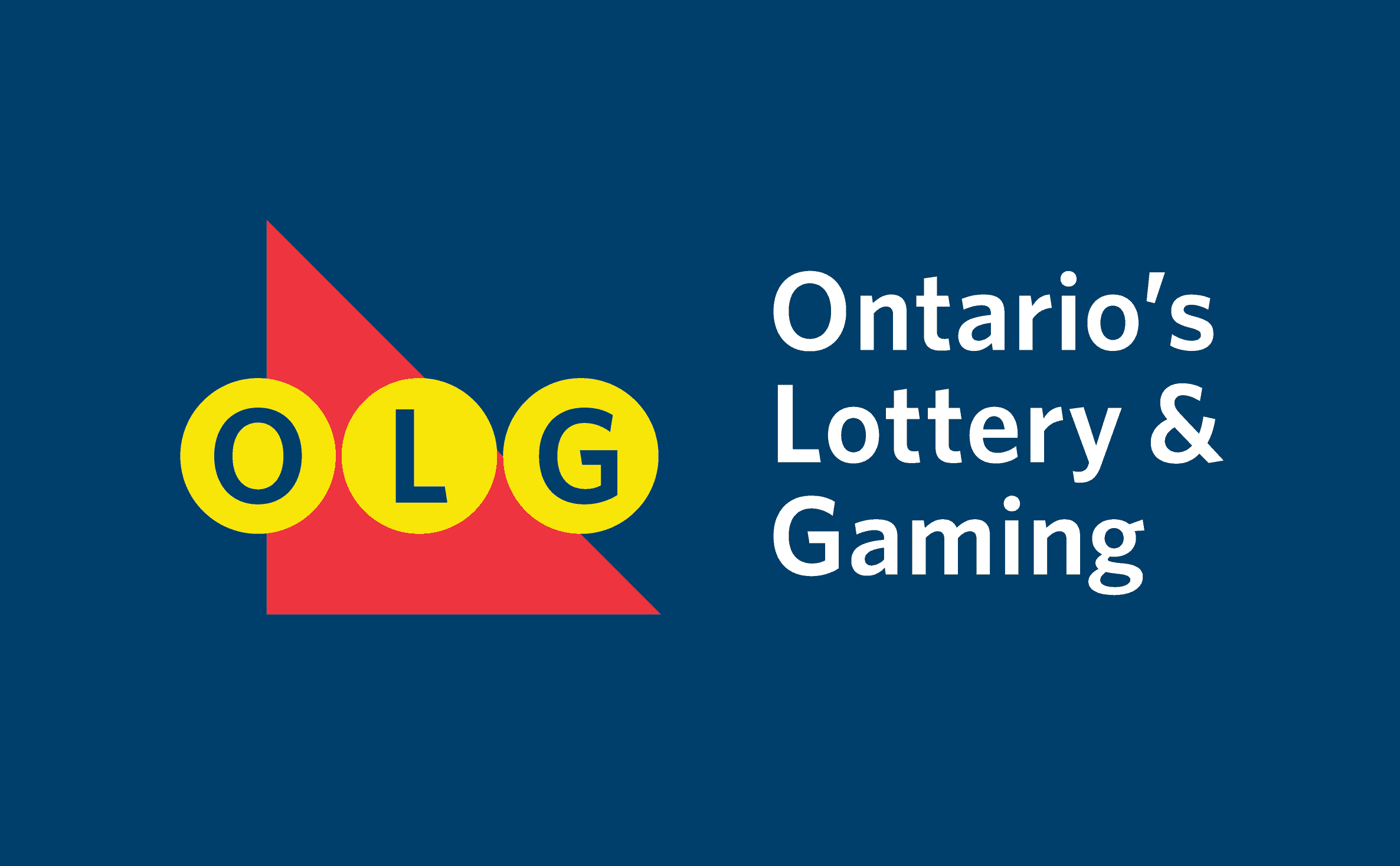 Ontario's Lottery & Gaming logo with red triangle and yellow circle overlayed on a blue background.