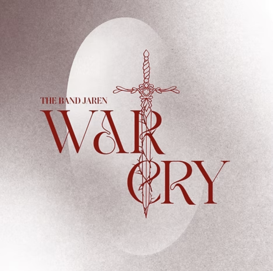 Poster for 'War Cry' by The Band Jaren, featuring a sword with a tangled handle and a red and gray color scheme.