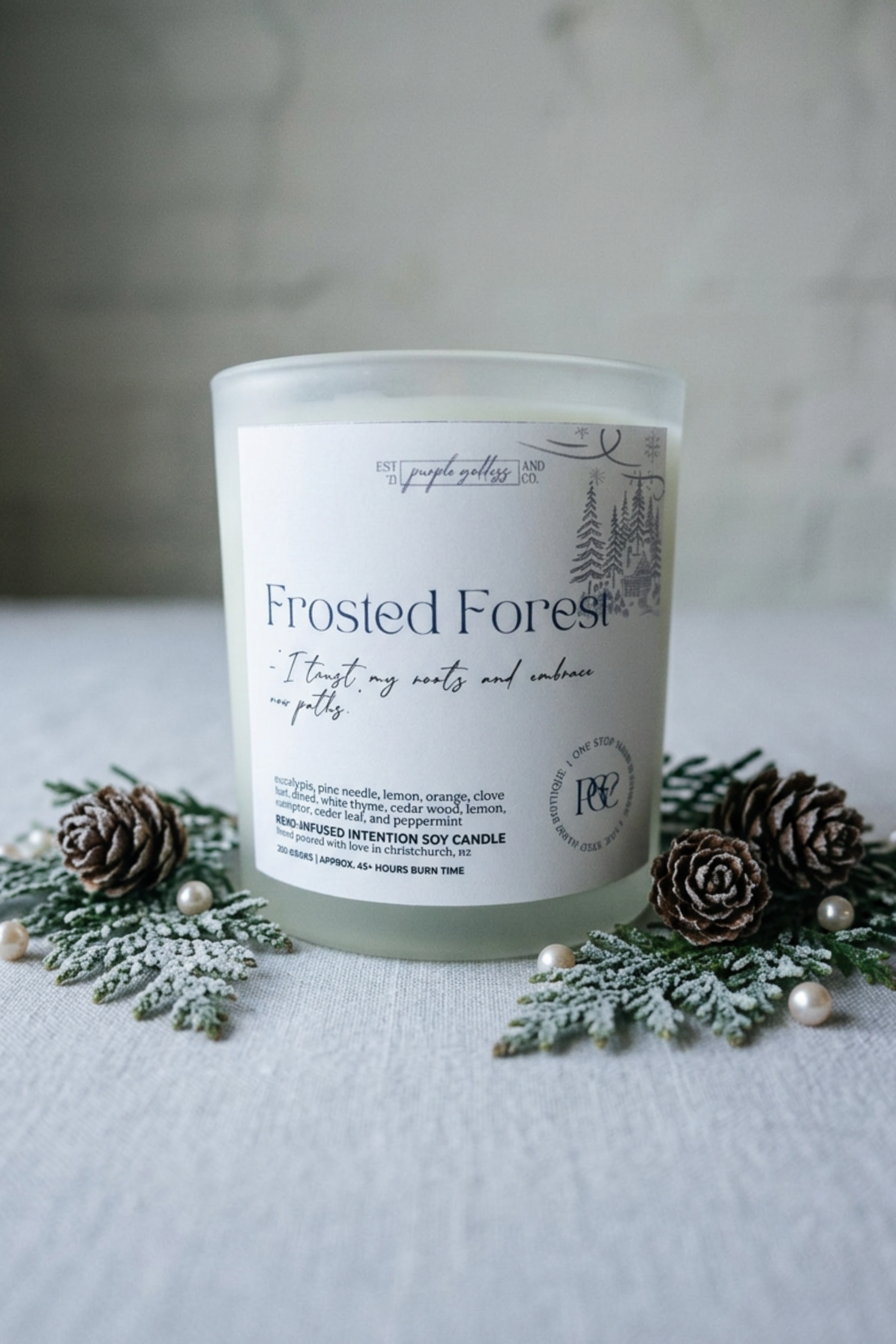 Frosted Forest 250g | Frosted Cedar & Pinecones and Pearls ~ Reiki Infused Intention Soy Wax Candle