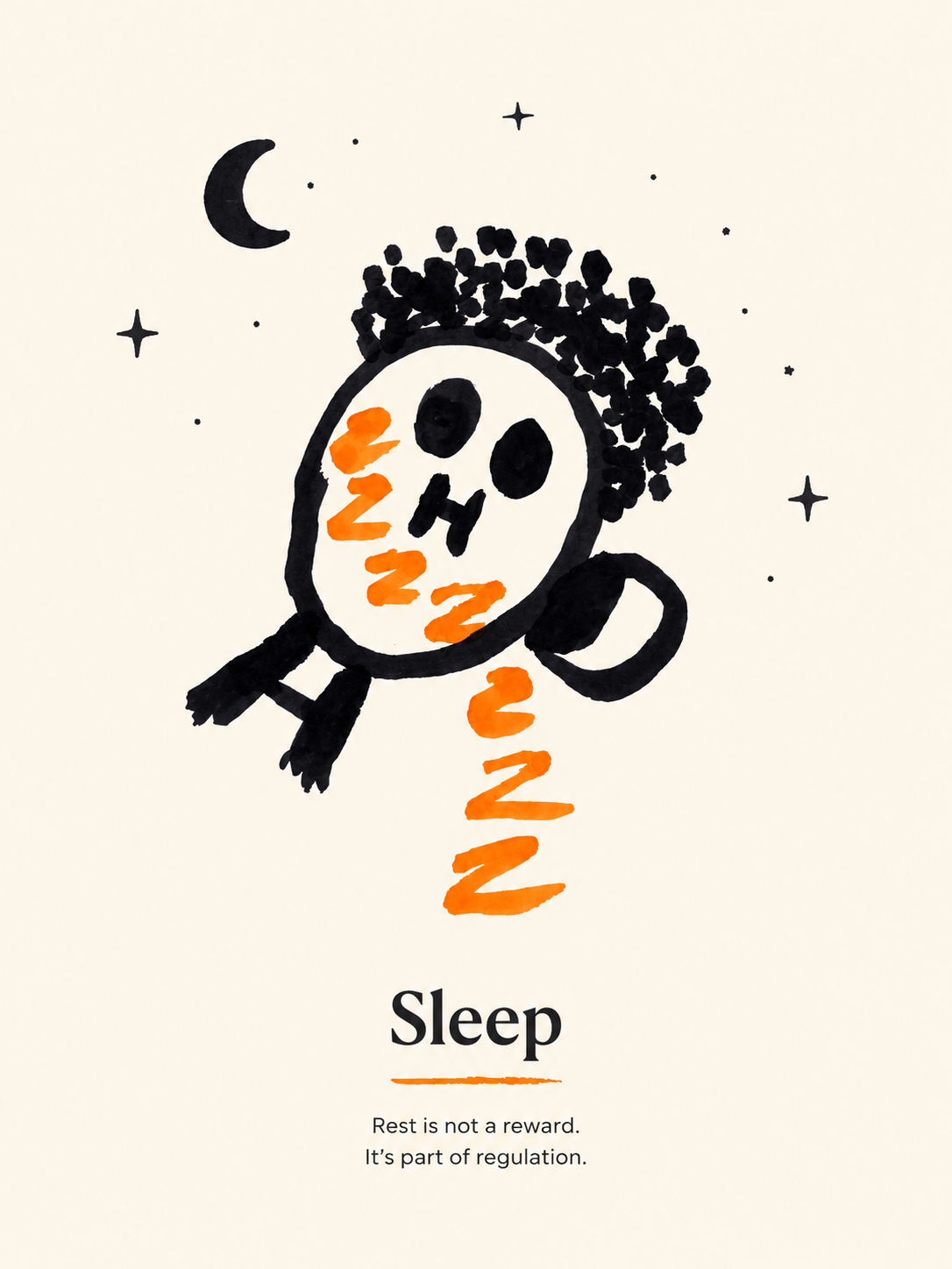 Illustration of a sleeping person with a round face, closed eyes, and curly hair, surrounded by a night sky with a crescent moon and stars. The person has orange Z's indicating sleep and is lying down with a hand supporting the head. The text below says 'Sleep' with a quote: 'Rest is not a reward. It's part of regulation.'