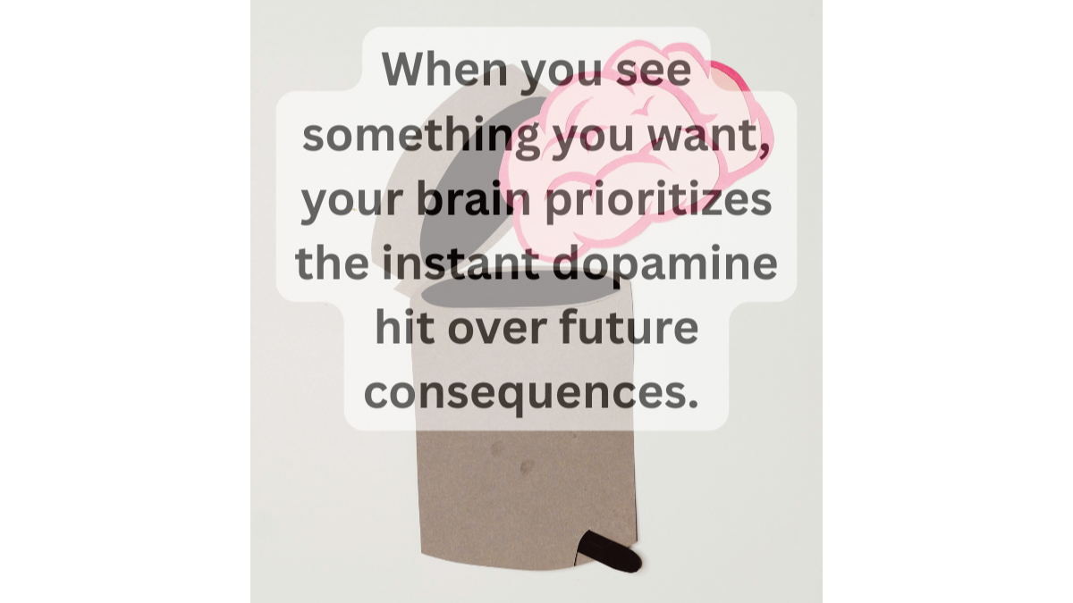 A simple illustration of a brain sitting inside an open cardboard box, with overlaid text explaining that when someone sees something they want, the brain may prioritize an instant dopamine hit over future consequences.