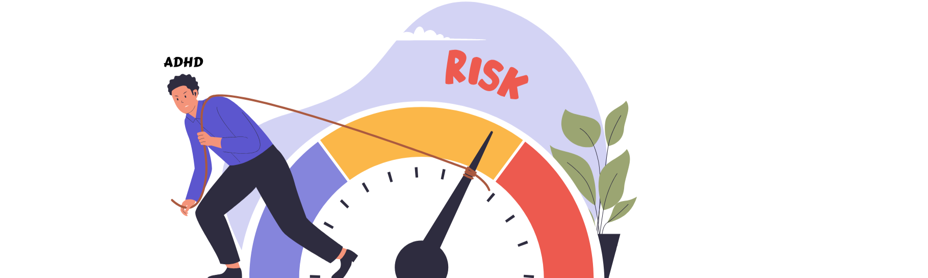 Illustration of ADHD and risk-taking, showing a person trying to control a risk meter.