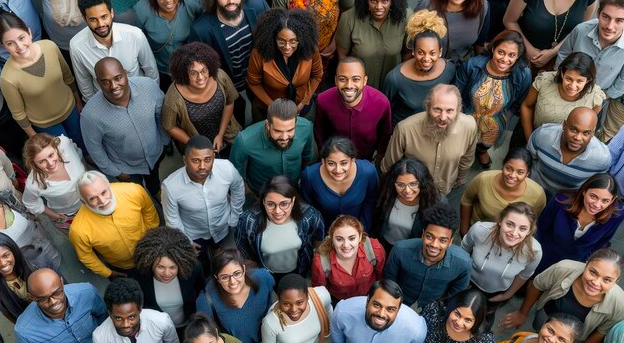 A large diverse group of people gathered together, smiling and looking up at the camera.