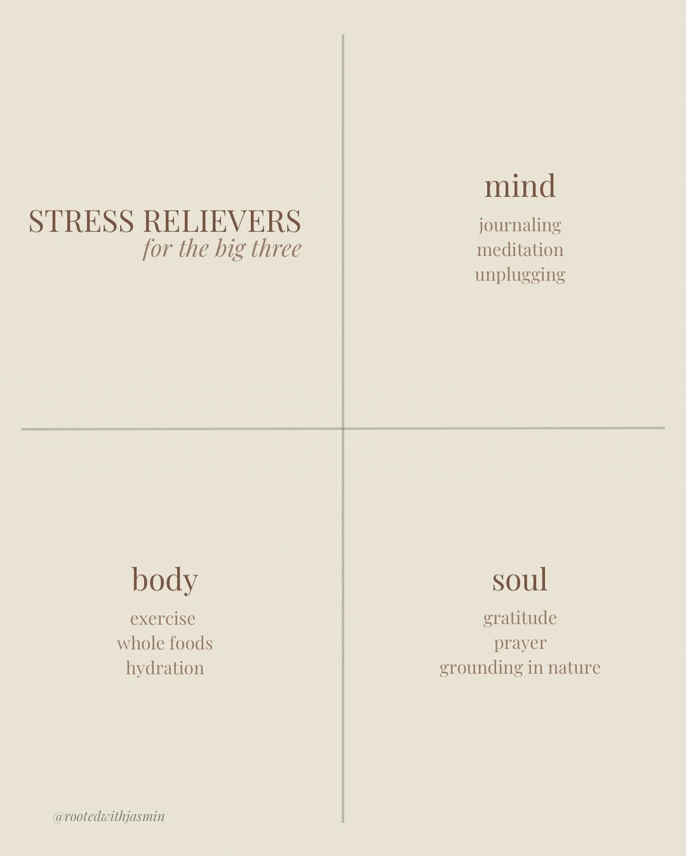 Stress can hit your mind, body, and soul in different ways. These simple practices help you check in with each part of yourself and give them what they need.

Which square do you need most today?

#RootedWithJasmine #GenZTherapist #TherapyForTeens #T